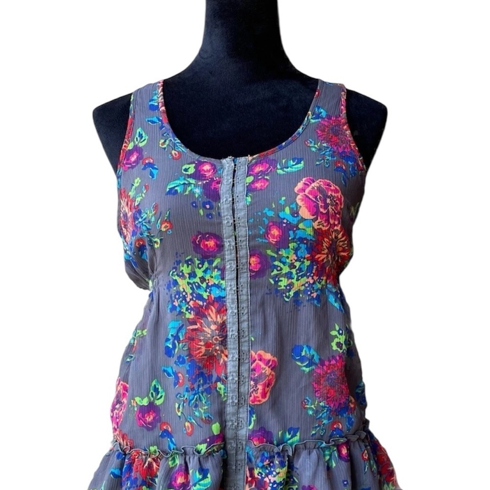 Women’s Gray  Floral Print Decree Tank Top W/ Ruffles Sz S